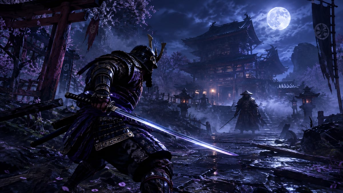 Ilustración de un samurái desenvainando una katana ante un templo japonés iluminado por la luna llena